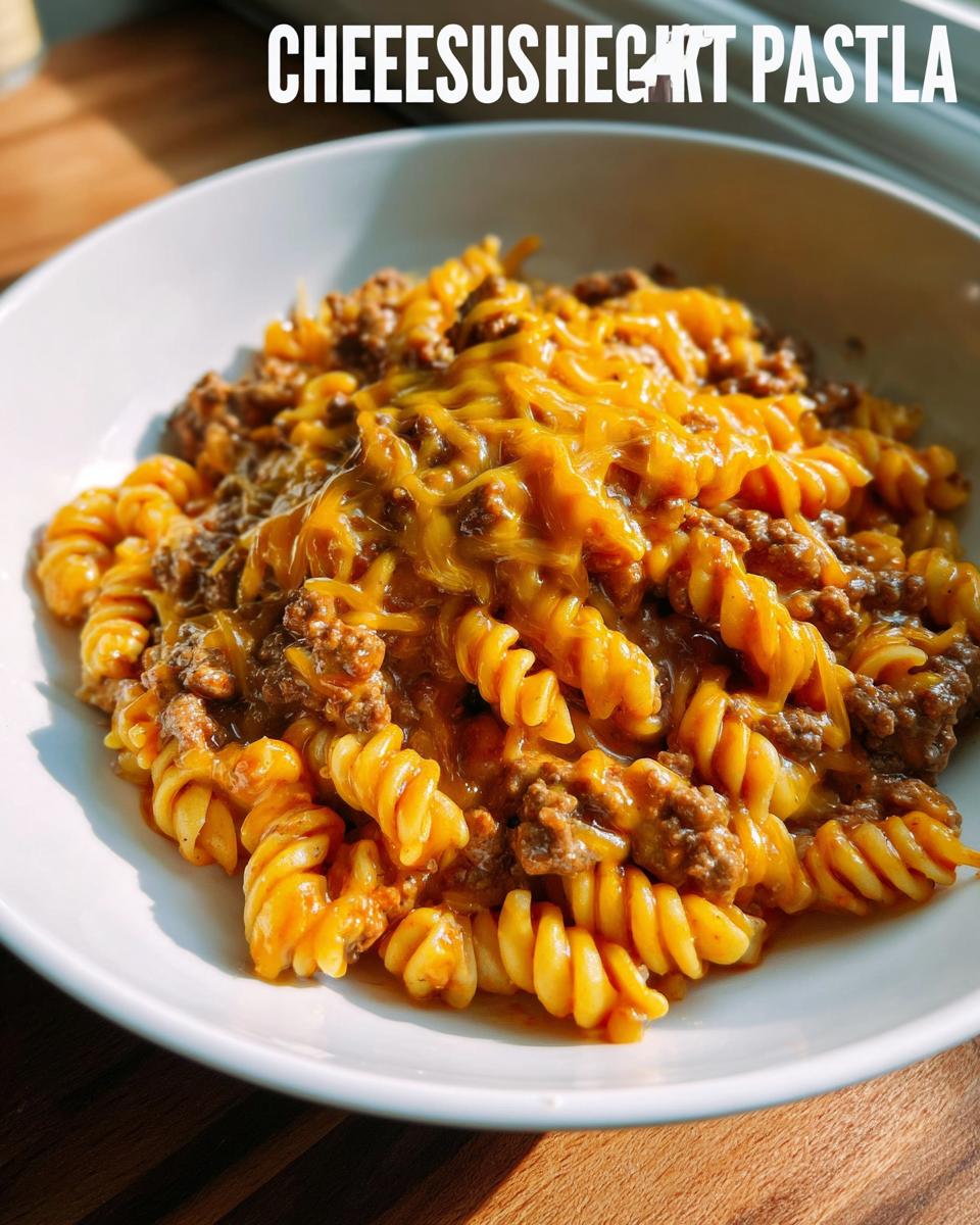 Close-up of creamy Cheeseburger Skillet Pasta with ground beef and melted cheddar cheese in a white bowl.