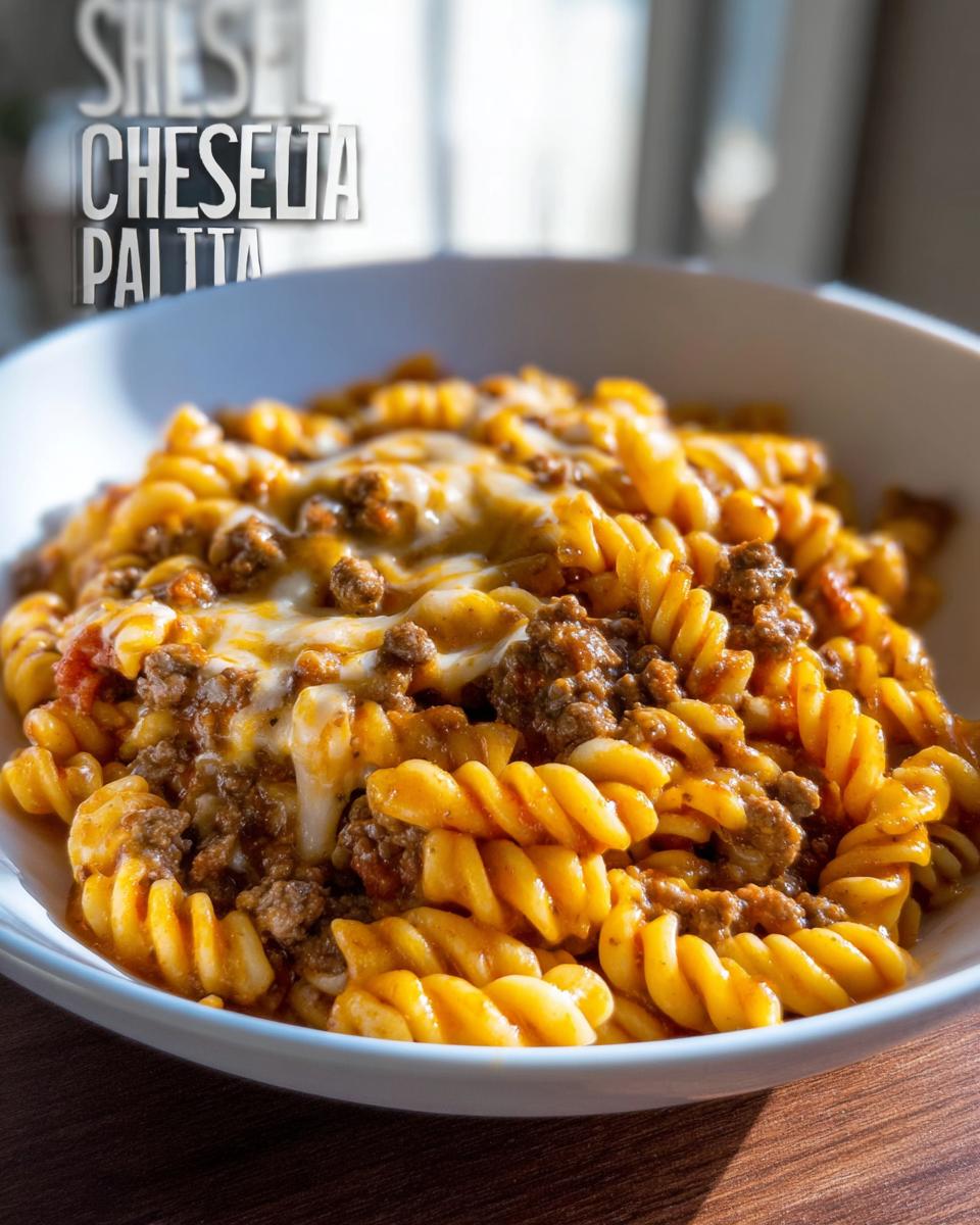 A close-up of a white bowl filled with Cheeseburger Skillet Pasta featuring rotini noodles, ground beef, and melted cheese.
