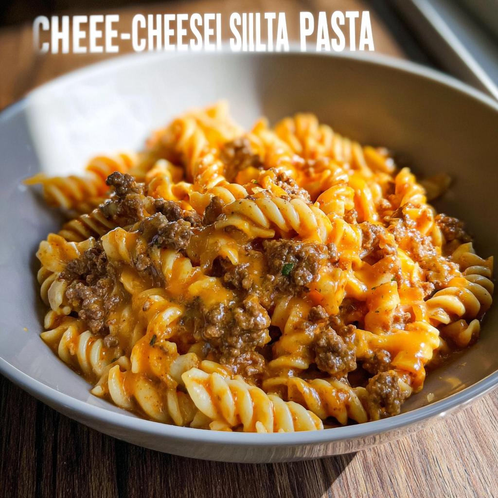 A close-up of creamy, cheesy Cheeseburger Skillet Pasta mixed with ground beef, served in a light gray bowl.