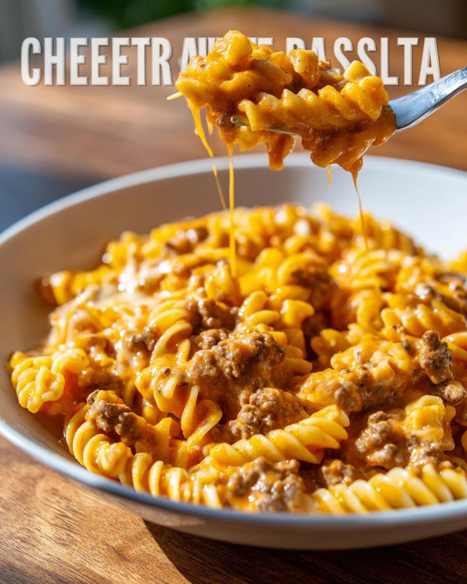A fork lifting cheesy, saucy Cheeseburger Skillet Pasta with ground beef and rotini noodles.
