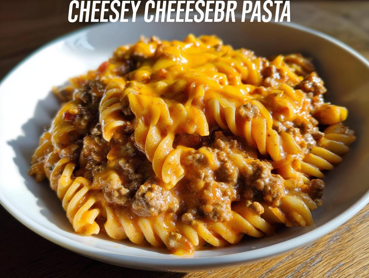 Close-up of cheesy Cheeseburger Skillet Pasta featuring rotini pasta mixed with ground beef and melted cheddar cheese.