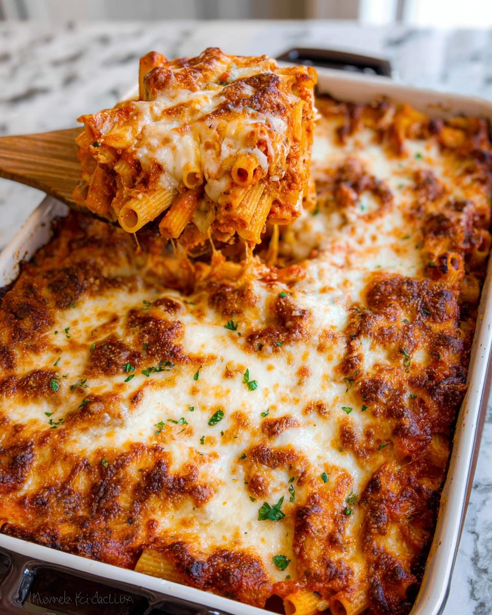 A wooden spoon lifts a generous serving of Cheesy Baked Ziti Casserole, showing melted, stringy cheese over ziti pasta.
