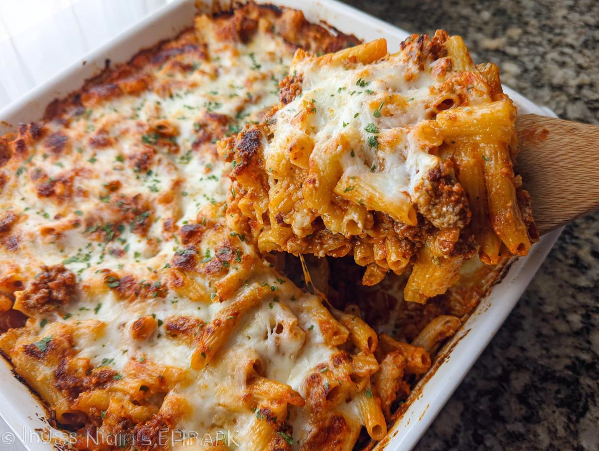 A wooden spoon lifts a generous portion of Cheesy Baked Ziti Casserole topped with melted, browned cheese.