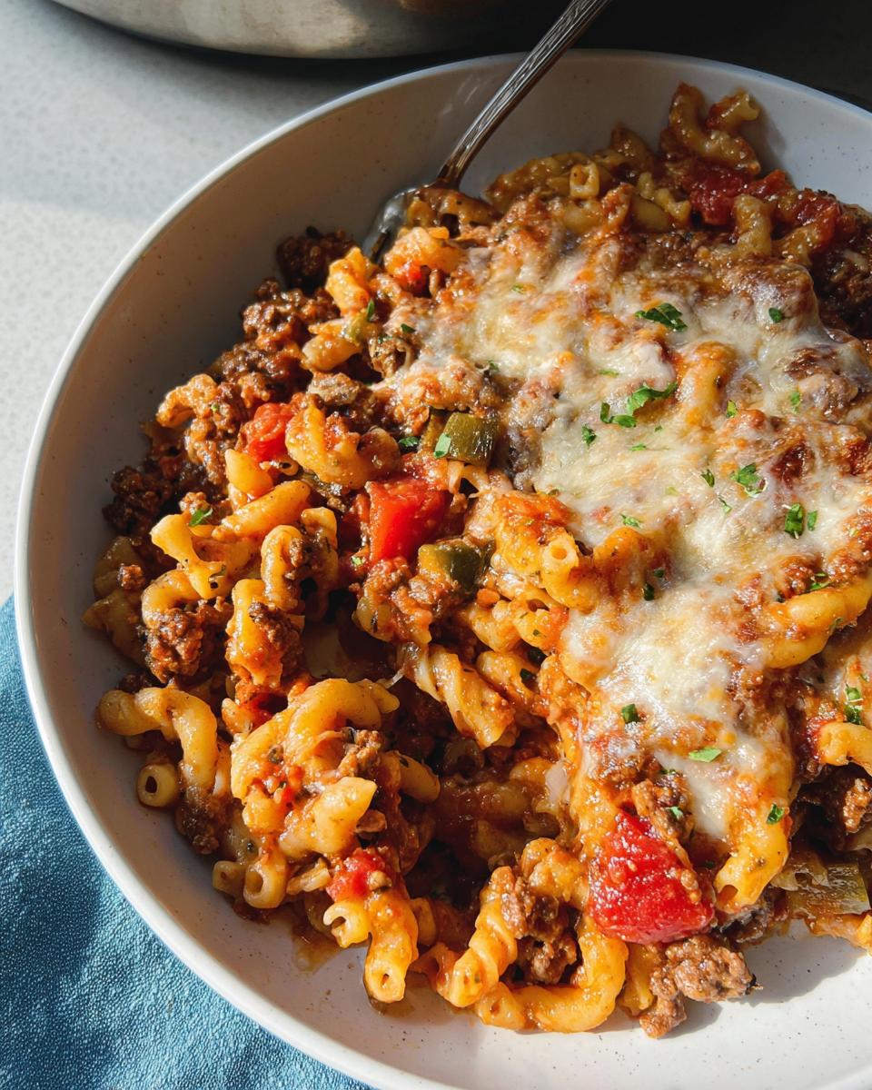 Close-up of a bowl filled with Cheesy Ground Beef Pasta Skillet, topped with melted mozzarella cheese and parsley.