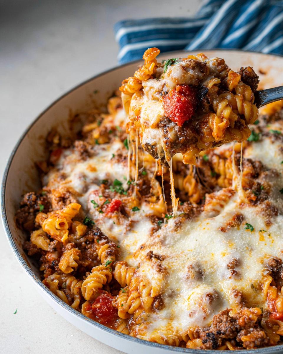A spoonful of Cheesy Ground Beef Pasta Skillet showing a dramatic cheese pull over the skillet.