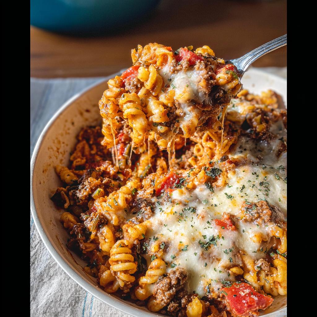 A spoonful of Cheesy Ground Beef Pasta Skillet lifted from the bowl showing melted, stretching cheese.