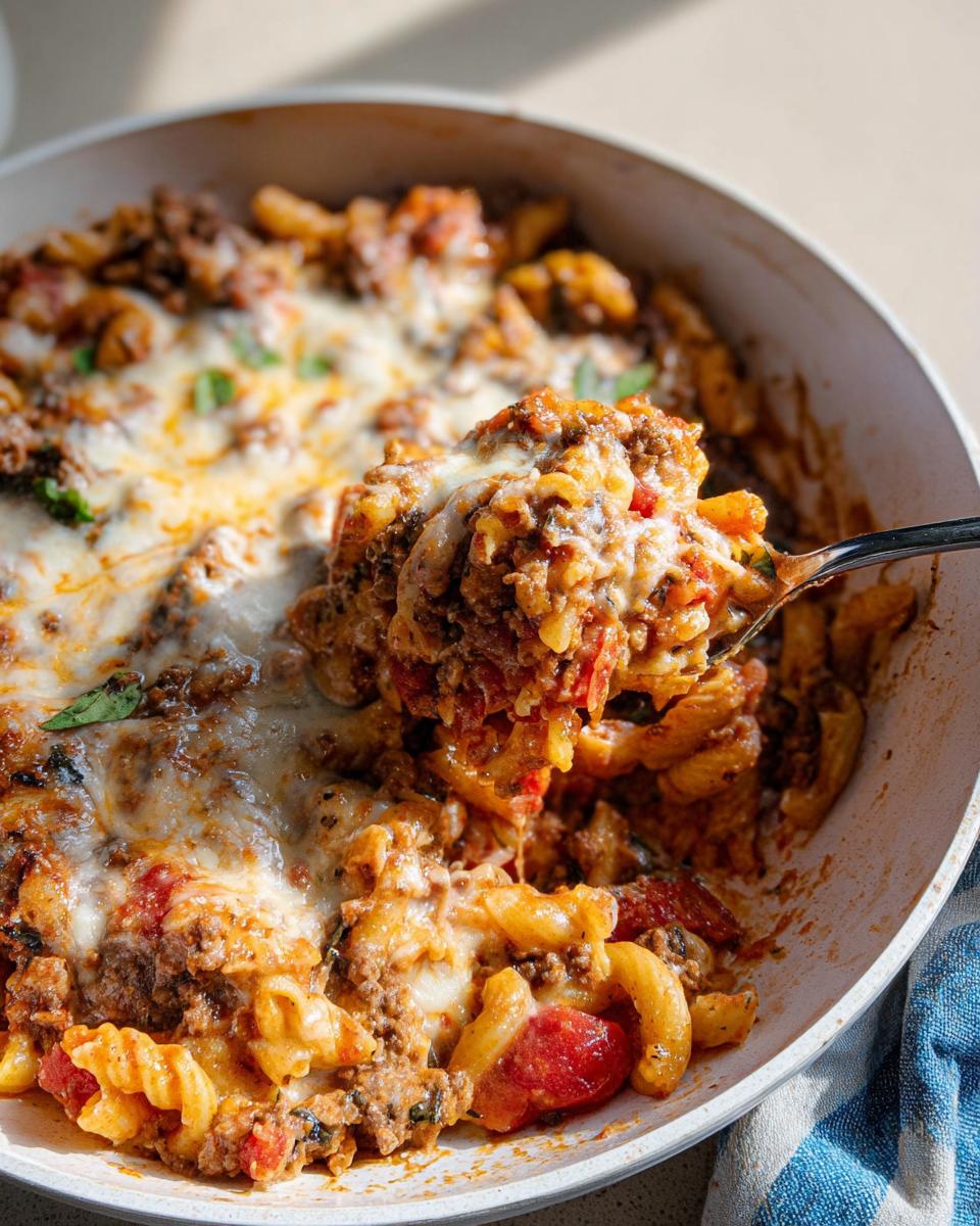 A spoonful of Cheesy Ground Beef Pasta Skillet being lifted from a skillet, showing melted cheese and rich meat sauce.