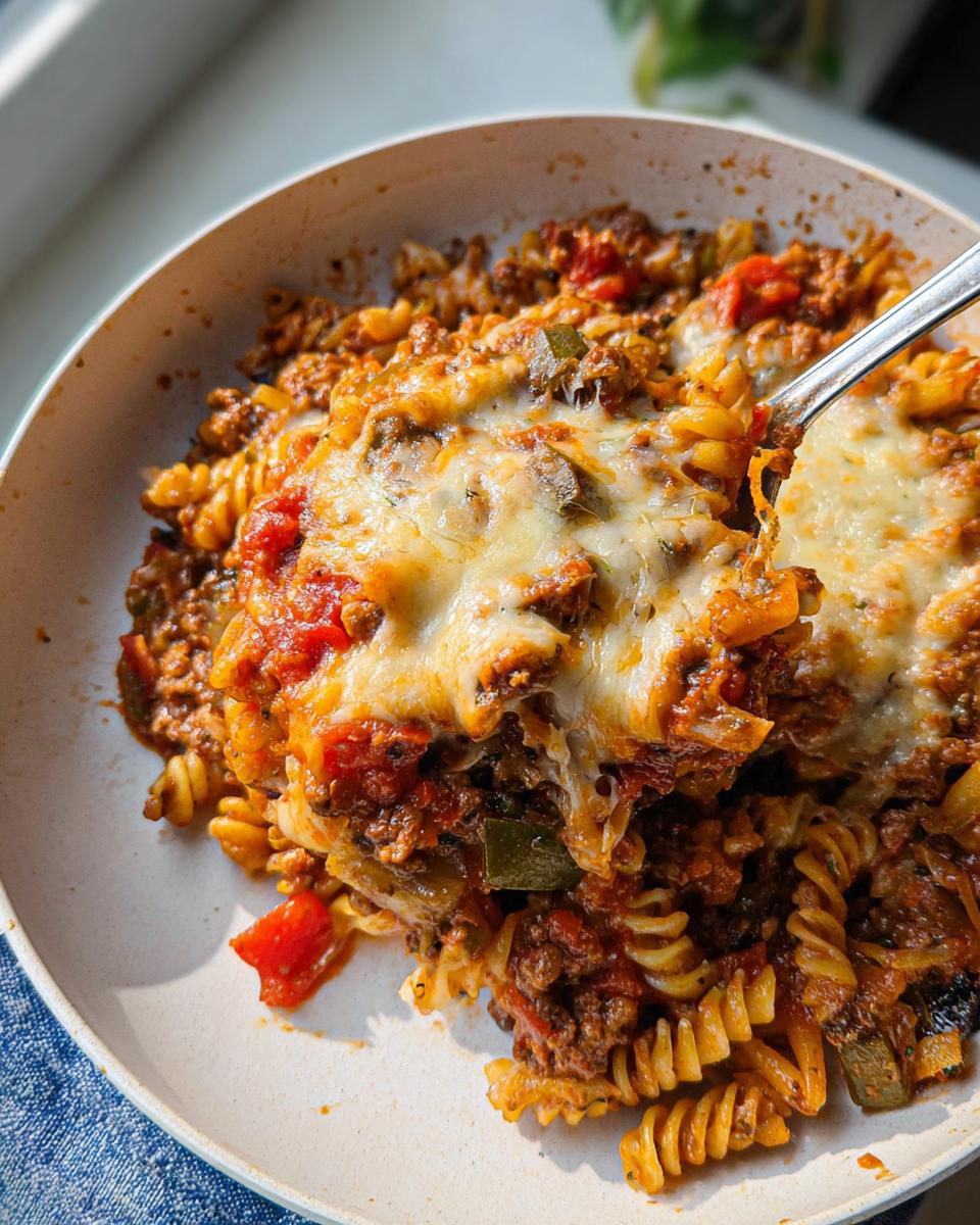 A spoonful being lifted from a bowl of Cheesy Ground Beef Pasta Skillet, showing melted, gooey cheese on top of pasta and meat sauce.