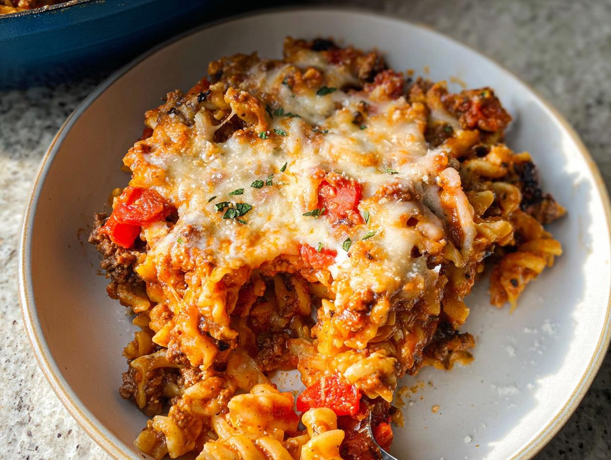 Close-up of a serving of Cheesy Ground Beef Pasta Skillet topped with melted mozzarella and parsley.
