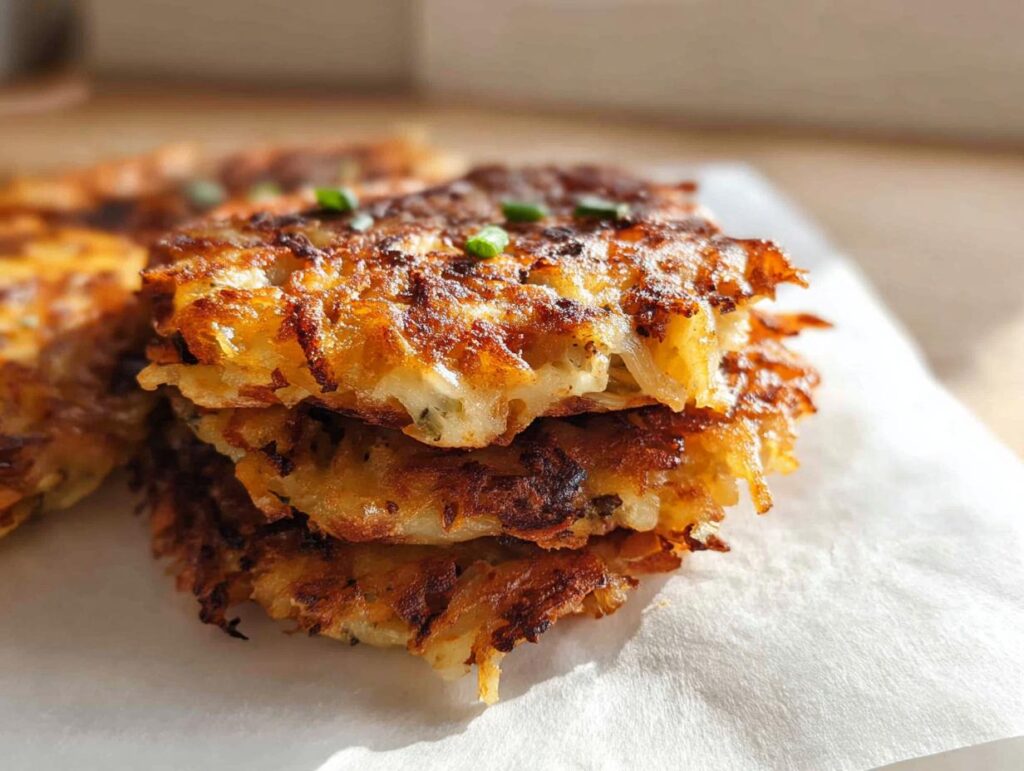 Close-up of stacked, crispy, golden brown Cheesy Potato Hash patties garnished with chives.