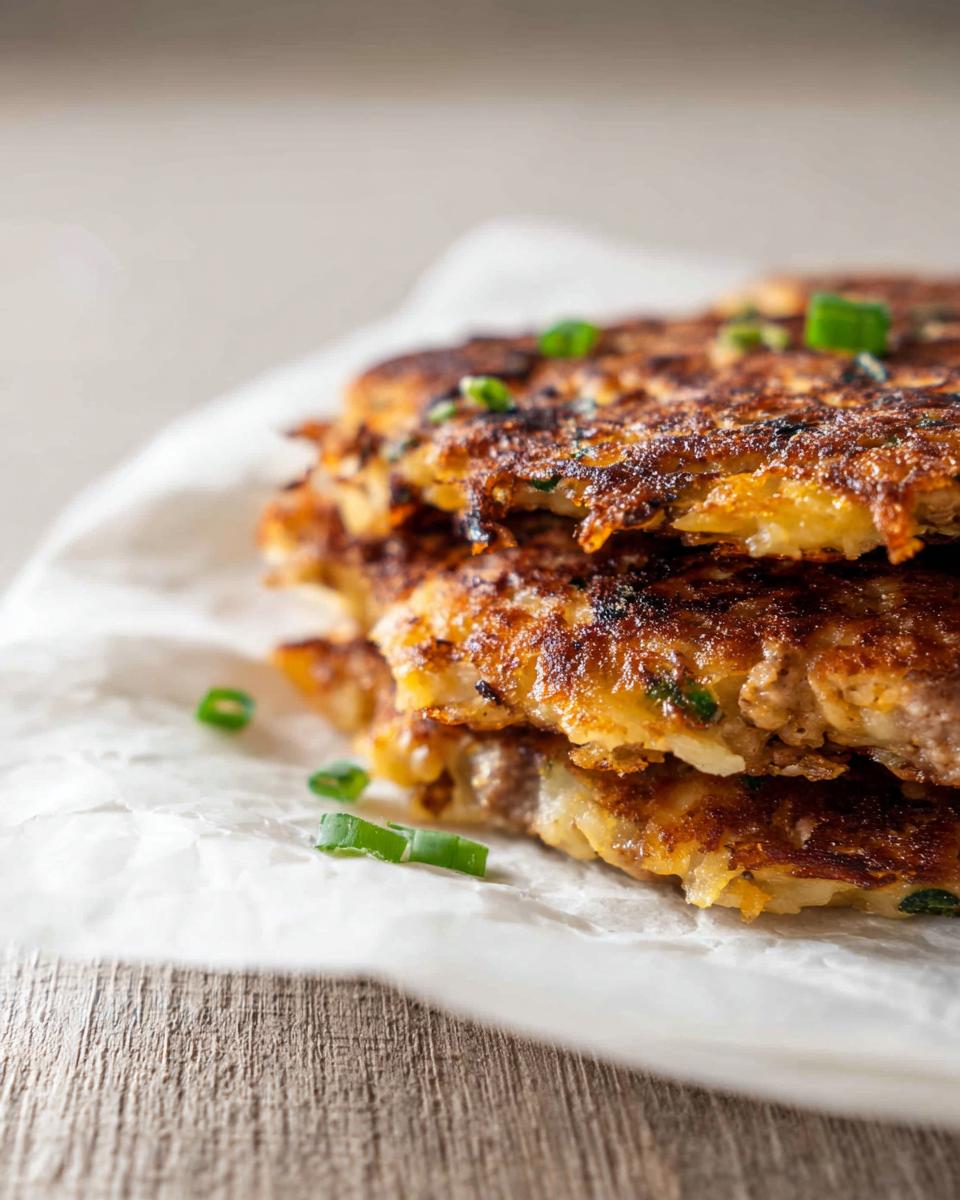Stack of three crispy, golden brown Cheesy Potato Hash with Sausage Skillet patties garnished with fresh green onions.