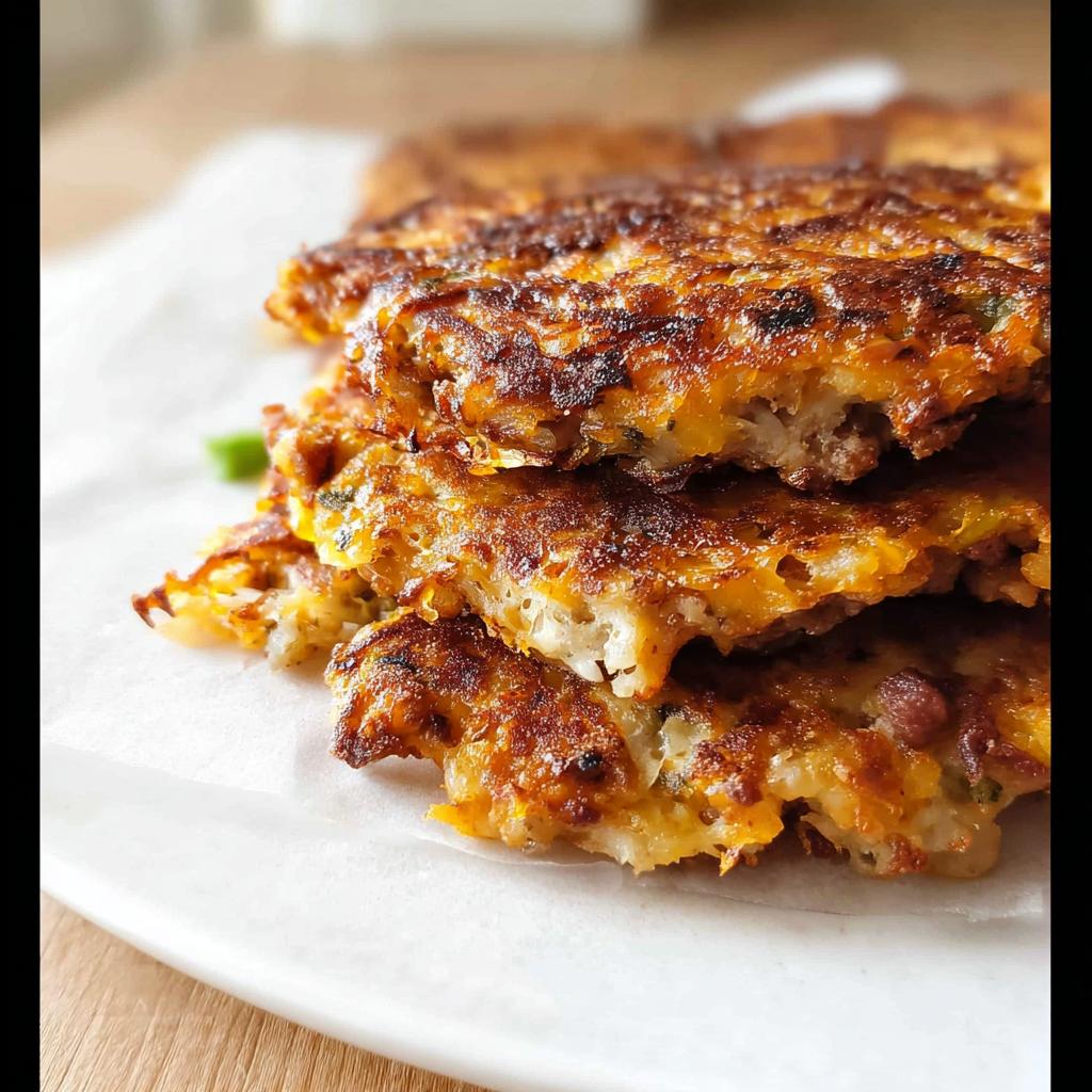 Close-up of stacked, crispy, golden brown Cheesy Potato Hash with Sausage patties on a white plate.