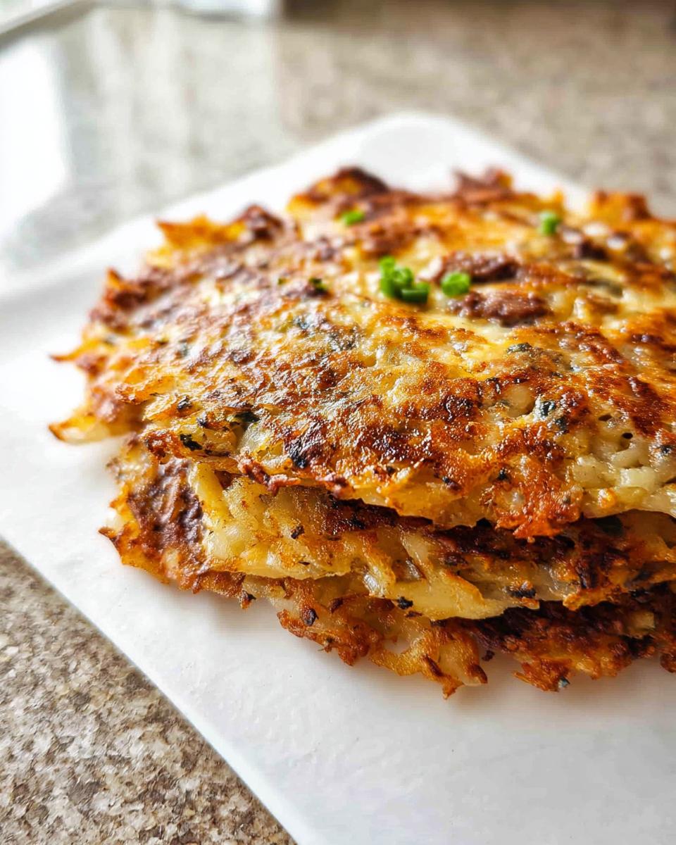 Stack of three crispy, golden-brown potato patties, likely from the Cheesy Potato Hash with Sausage Skillet recipe.