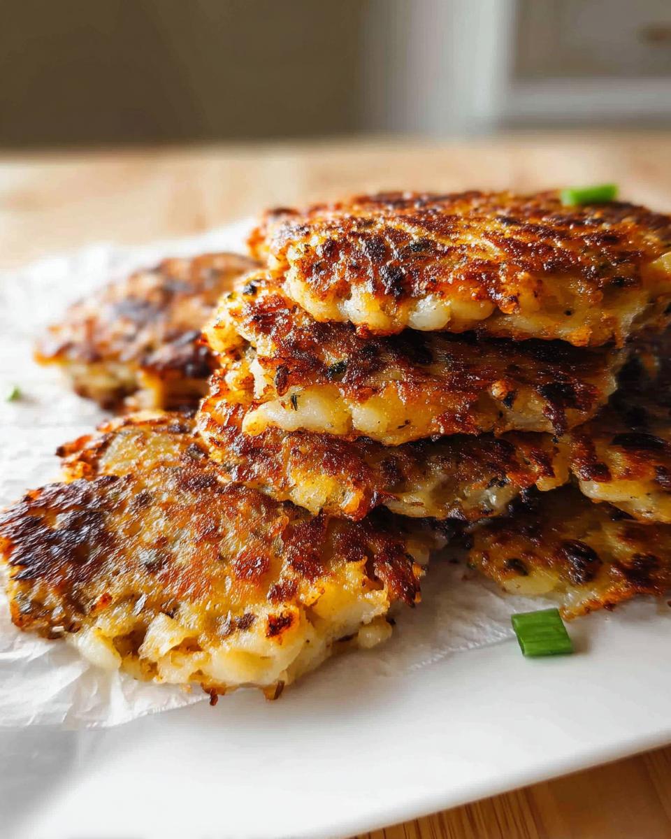 Stack of crispy, golden-brown potato patties, similar to hash browns, served on a white plate.