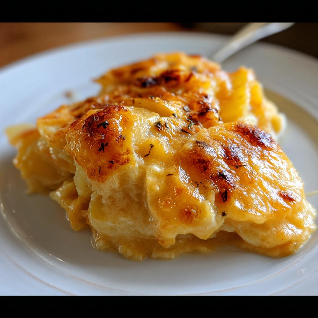 A close-up serving of Cheesy Scalloped Potatoes with Cream, featuring golden-brown, bubbly cheese topping.