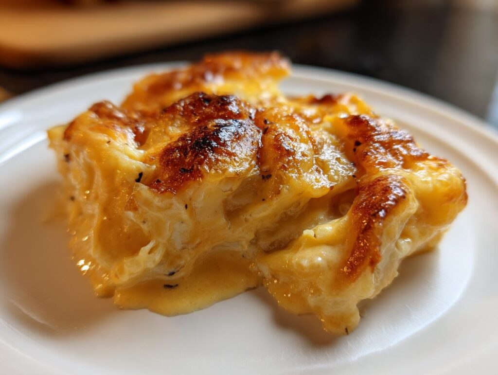 Close-up of a rich, golden-brown serving of Cheesy Scalloped Potatoes with Cream on a white plate.