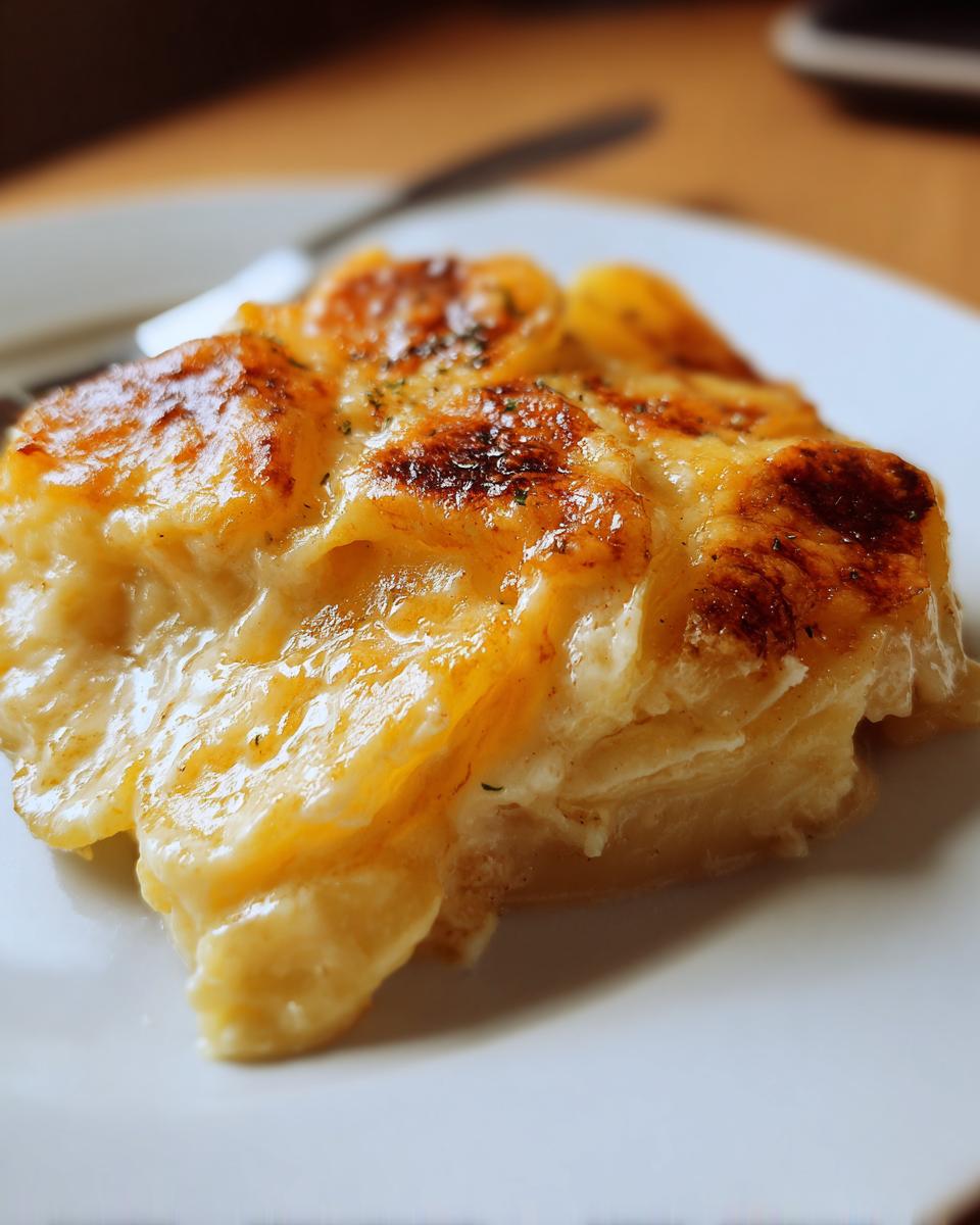 A close-up of a rich serving of Cheesy Scalloped Potatoes with Cream, featuring a golden-brown, bubbly cheese topping.