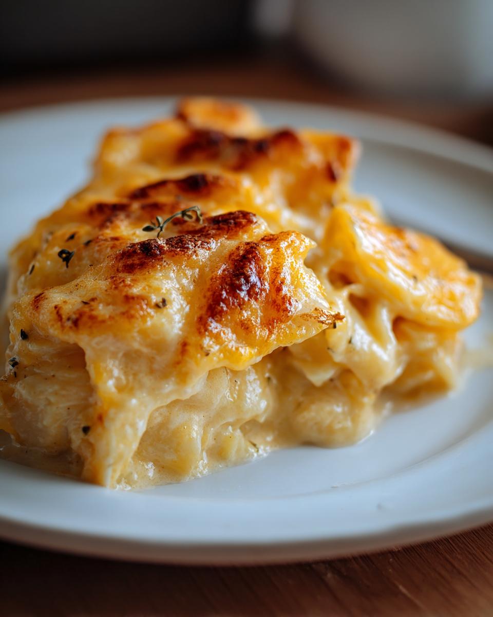 A close-up serving of Cheesy Scalloped Potatoes with Cream, featuring golden-brown, bubbly cheese topping.