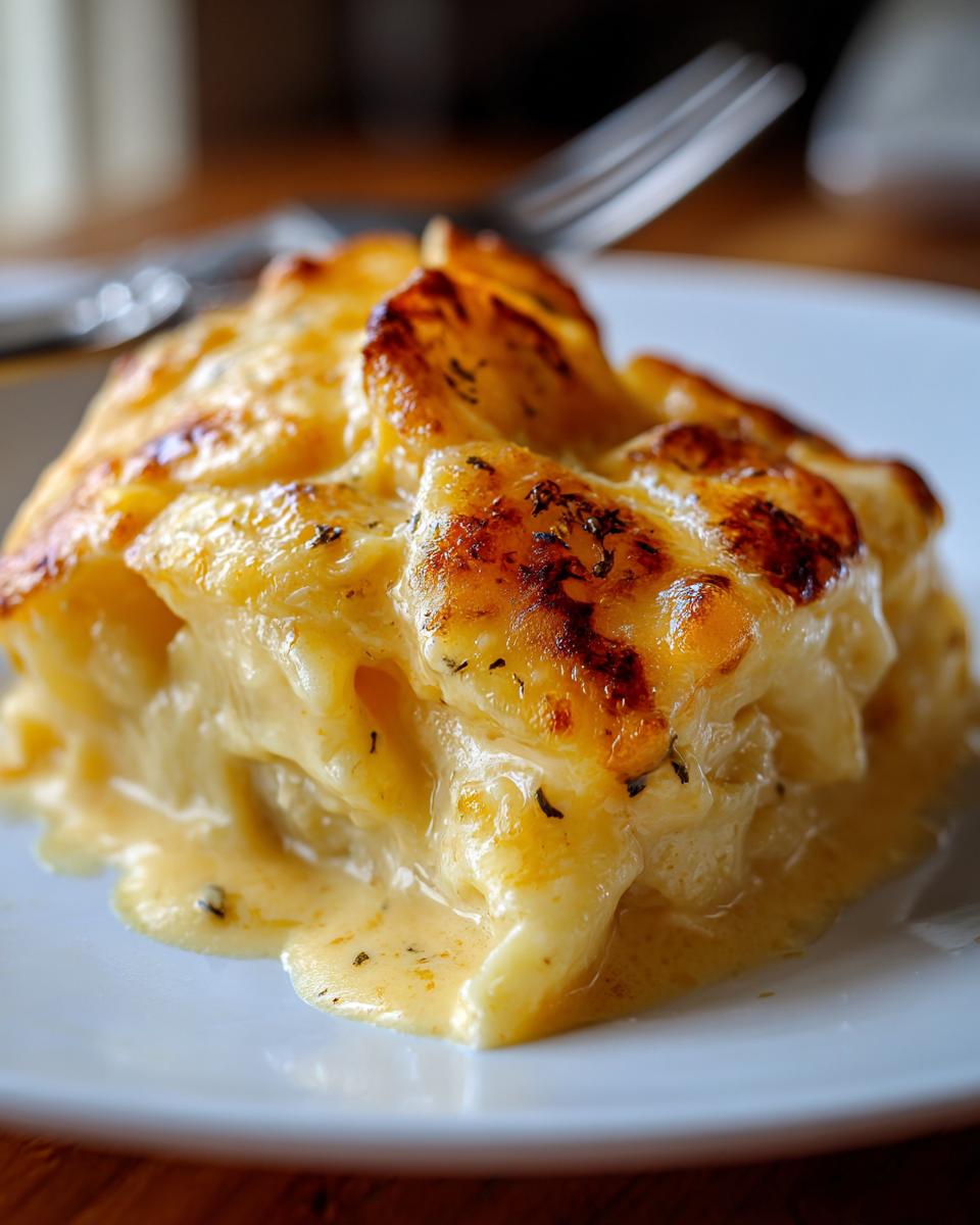 Close-up of a rich serving of Cheesy Scalloped Potatoes with Cream, featuring browned cheese topping and creamy sauce.