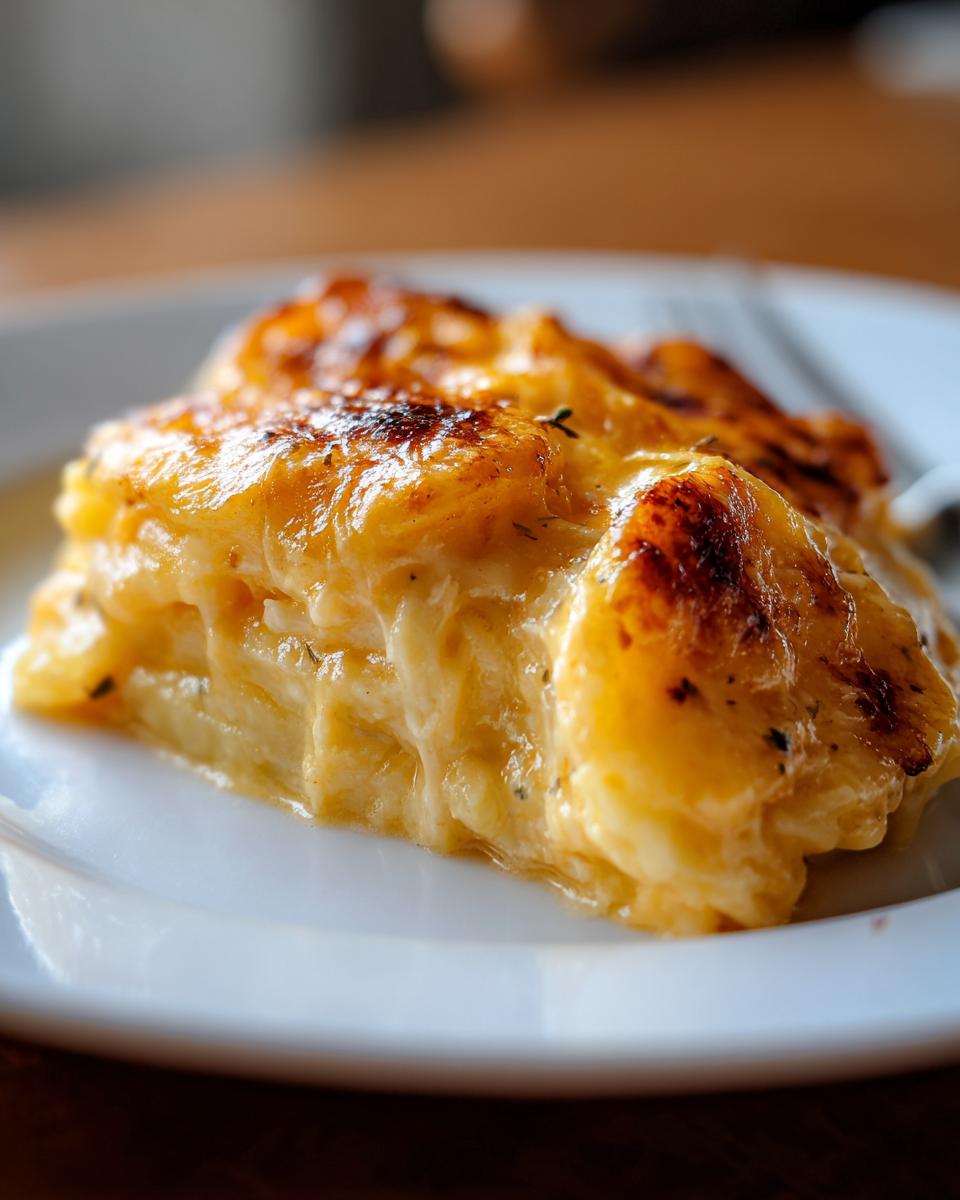 A close-up of a slice of Cheesy Scalloped Potatoes with Cream, showing layers of tender potatoes and a browned, bubbly cheese topping.