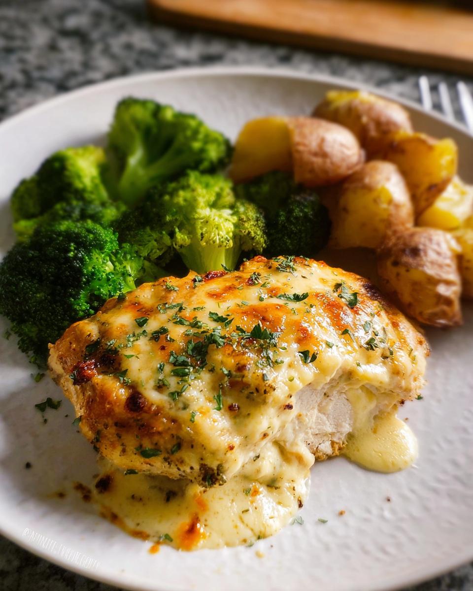 Close-up of cheesy Sheet Pan Baked Chicken and Broccoli served with roasted potatoes.