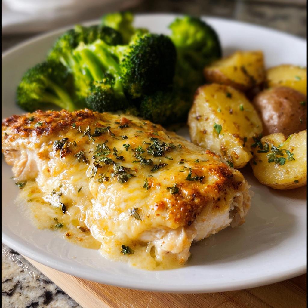 Close-up of cheesy Sheet Pan Baked Chicken and Broccoli served with roasted potatoes.