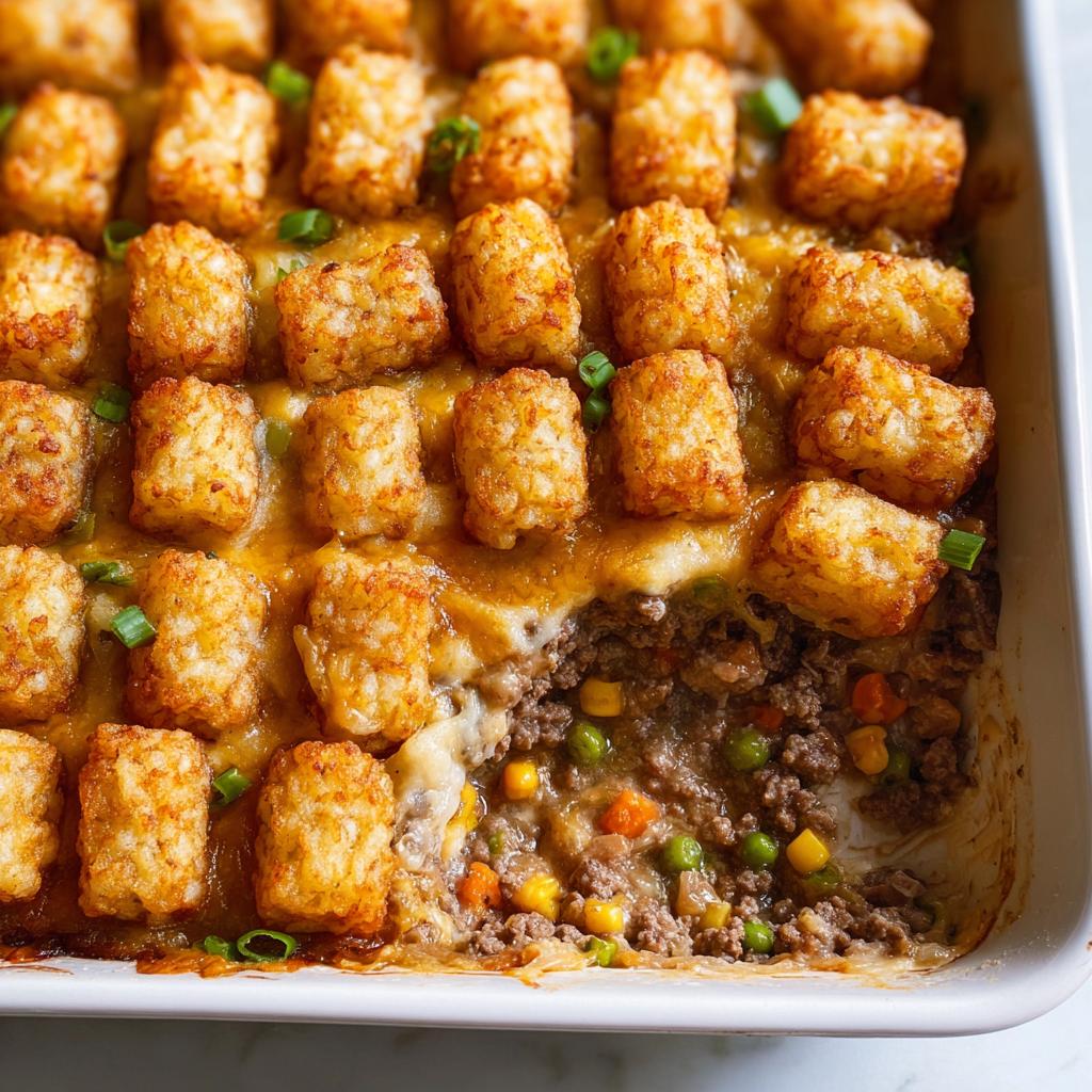Close-up of a Cheesy Tater Tot Beef Casserole with a scoop removed, showing crispy tater tots over melted cheese and ground beef filling.