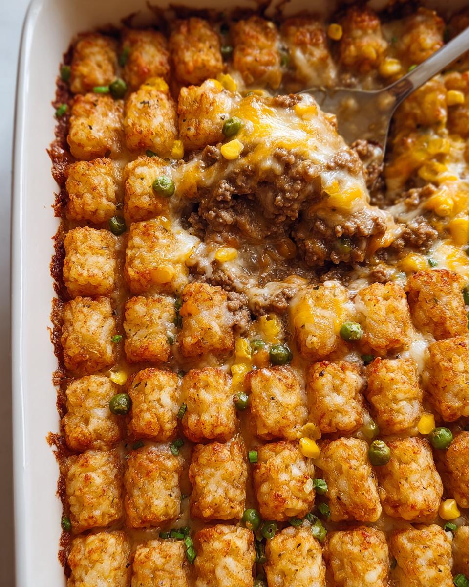 A spoonful lifts a portion of Cheesy Tater Tot Beef Casserole, showing ground beef, melted cheese, corn, and peas, topped with crispy tater tots.