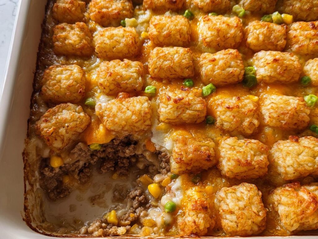 Close-up of a baked Cheesy Tater Tot Beef Casserole showing crispy tater tots, melted cheese, ground beef, corn, and peas.
