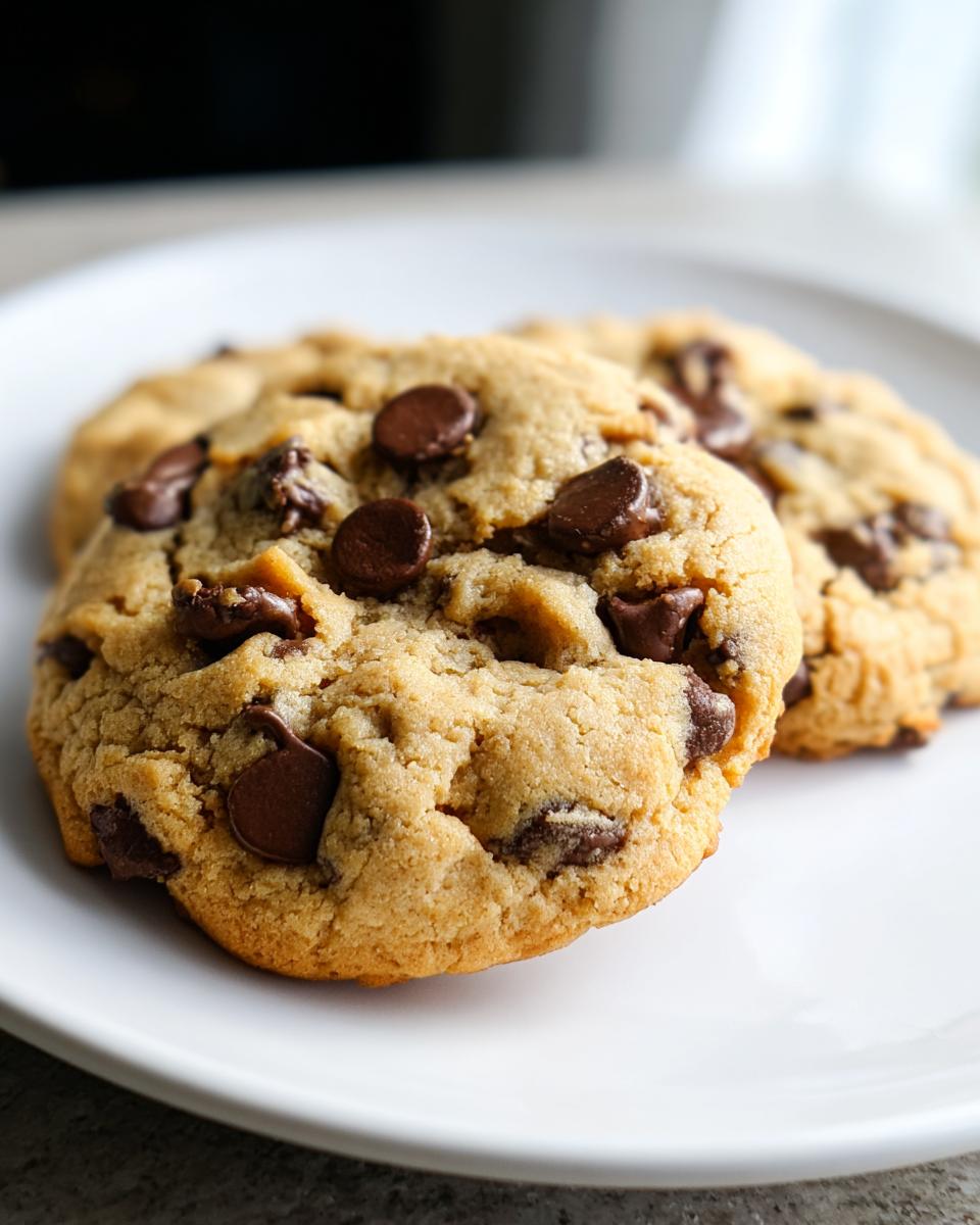 Close-up of two soft, golden Peanut Butter Chocolate Chip Cookies loaded with melted chocolate chips on a white plate.
