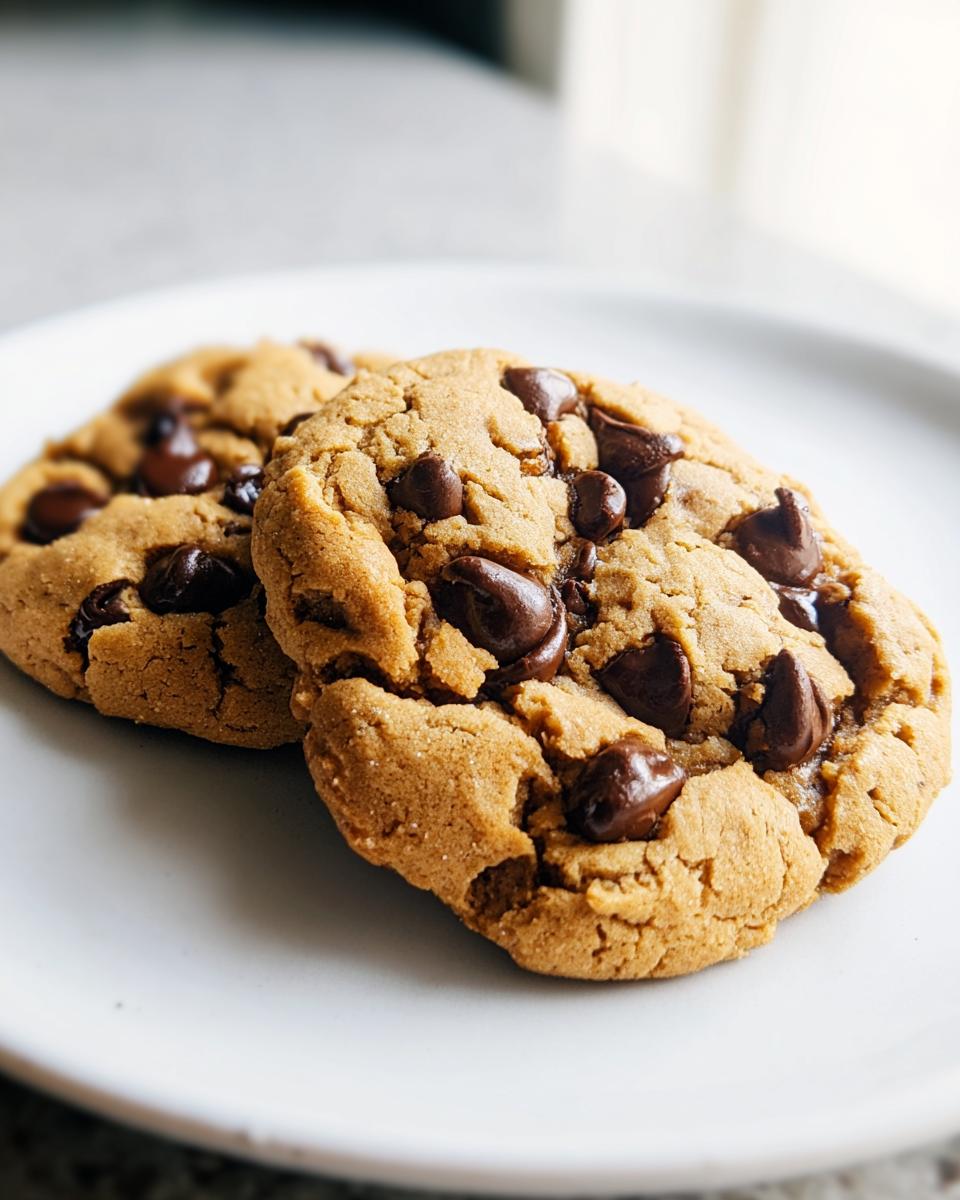 Two freshly baked, thick Peanut Butter Chocolate Chip Cookies loaded with melted chocolate chips on a white plate.