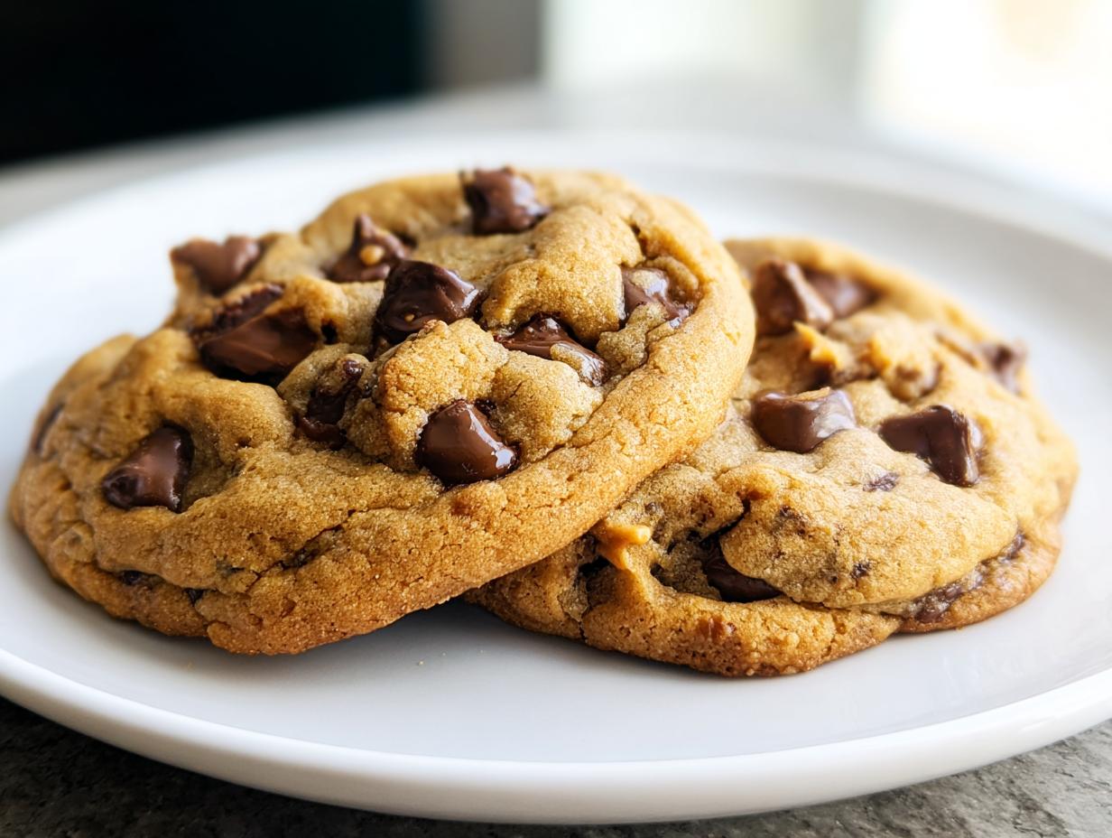 Two golden brown, chewy Peanut Butter Chocolate Chip Cookies loaded with melted chocolate chunks on a white plate.