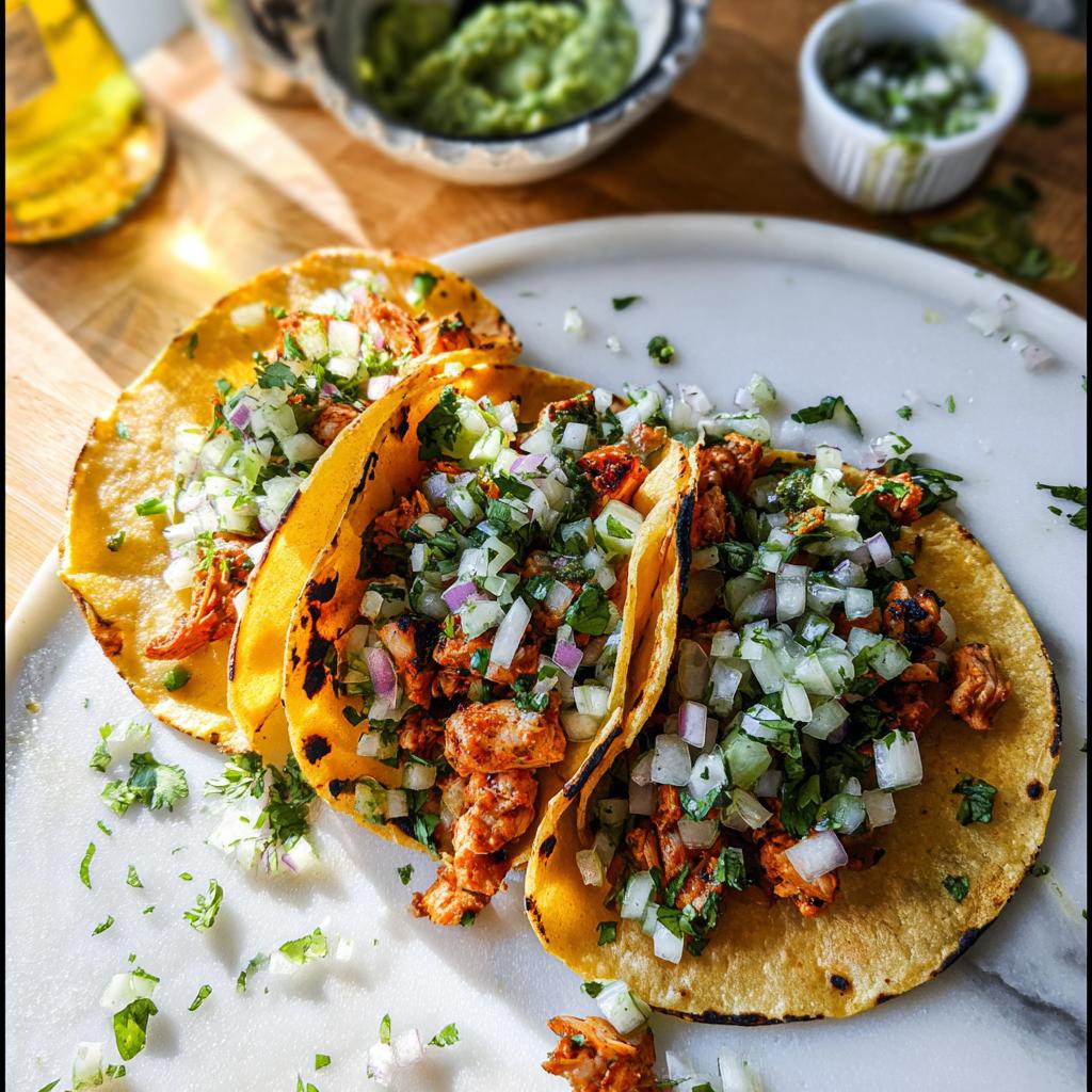Three delicious Chicken Street Tacos served on charred corn tortillas, topped with fresh diced onion and cilantro.