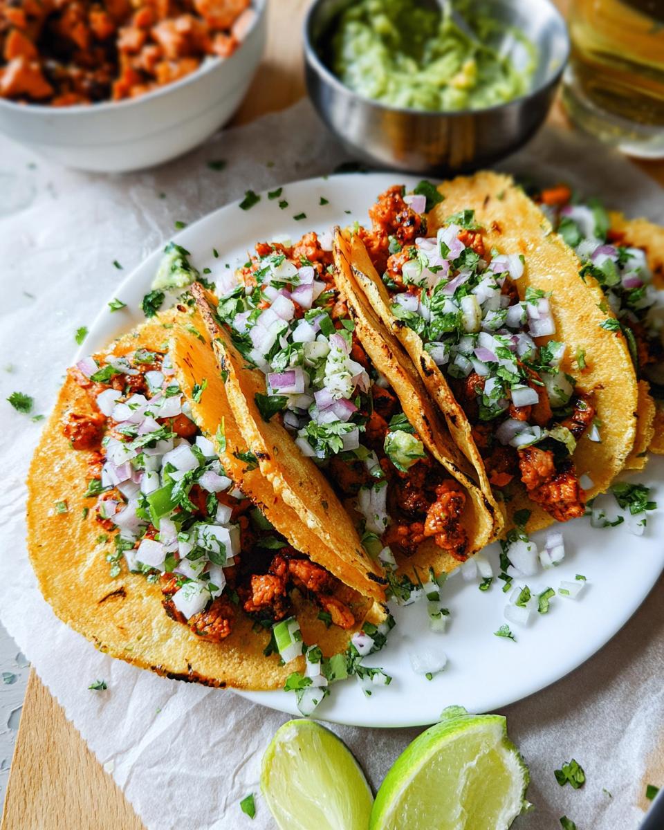 A white plate piled high with three golden-brown Chicken Street Tacos topped generously with fresh diced white onion and cilantro.