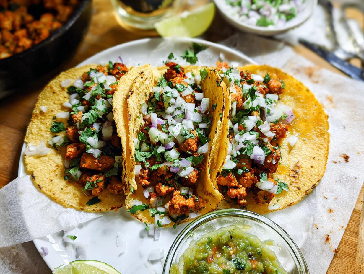 Three freshly made Chicken Street Tacos served on a white plate, topped with diced white onion and cilantro.