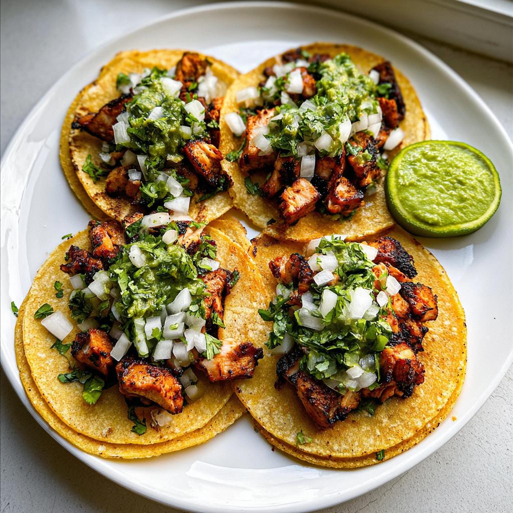 Four delicious Chicken Street Tacos Recipe served on corn tortillas, topped with grilled chicken, onion, and salsa verde.