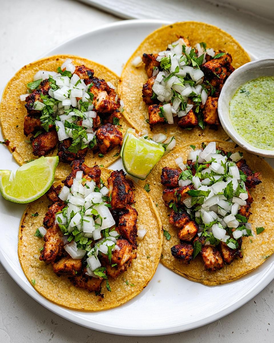Four delicious Chicken Street Tacos topped with diced white onion, cilantro, and served with lime wedges and green salsa.