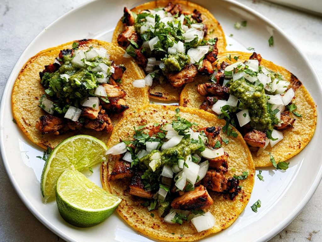 Four delicious Chicken Street Tacos topped with salsa verde, diced white onion, and cilantro, served with lime wedges.