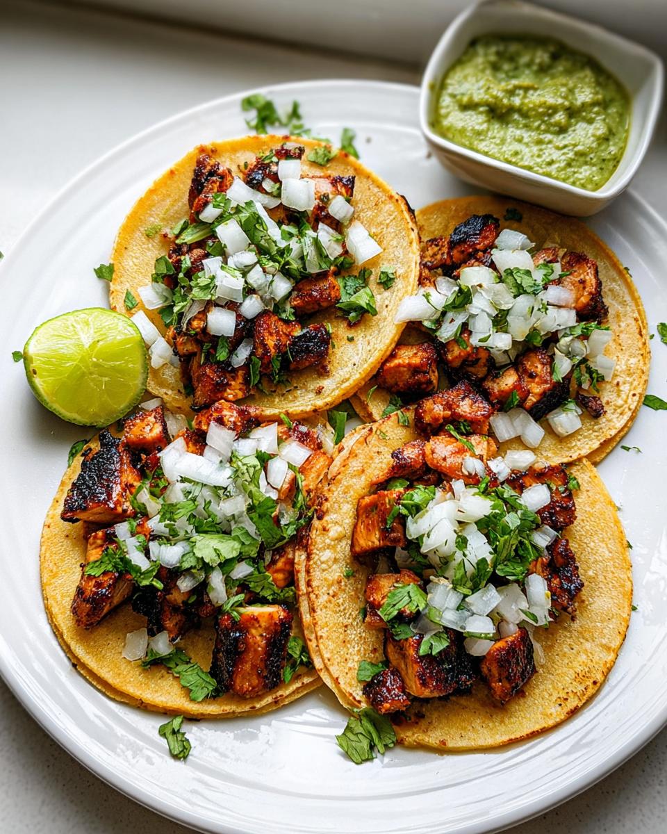 Four assembled Chicken Street Tacos Recipe topped with diced white onion and cilantro, served with lime and salsa verde.
