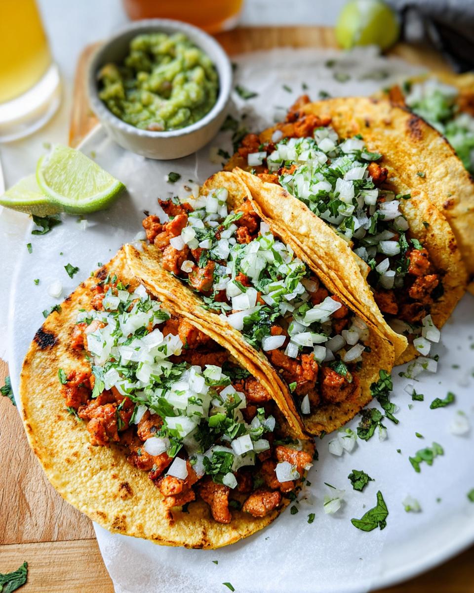 Three authentic Chicken Street Tacos filled with seasoned chicken, topped generously with diced white onion and cilantro.
