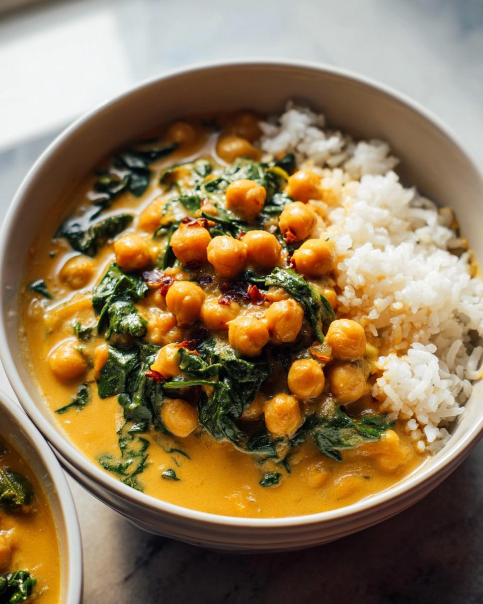 Close-up of a bowl containing creamy Chickpea and Spinach Coconut Curry served alongside white rice.