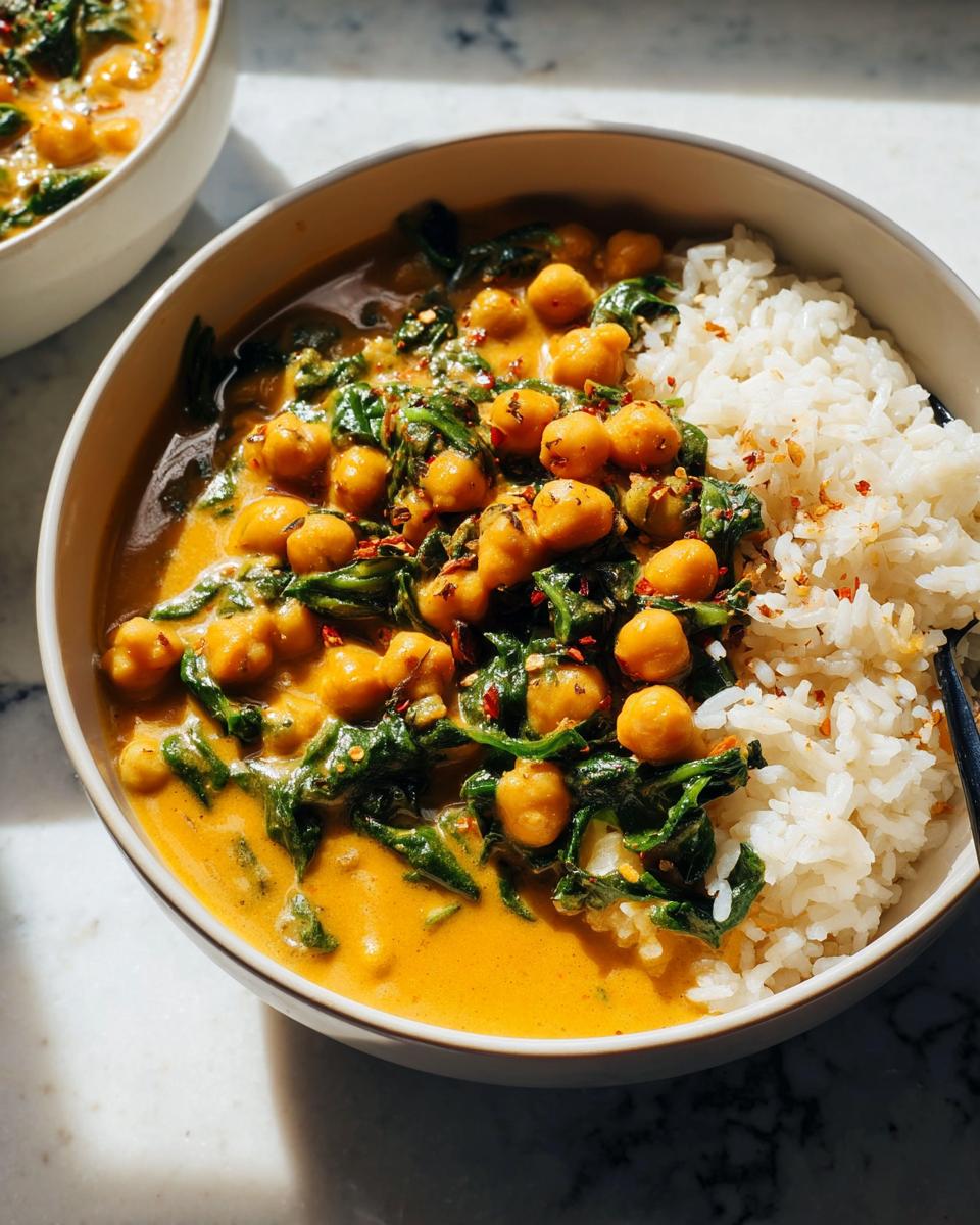 A close-up bowl of vibrant Chickpea and Spinach Coconut Curry served next to white rice, garnished with chili flakes.