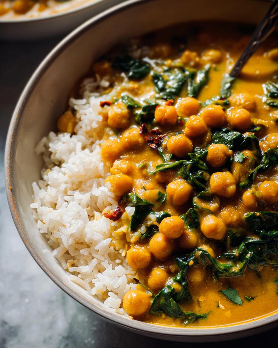 Close-up of a bowl filled with creamy Chickpea and Spinach Coconut Curry served over white rice.