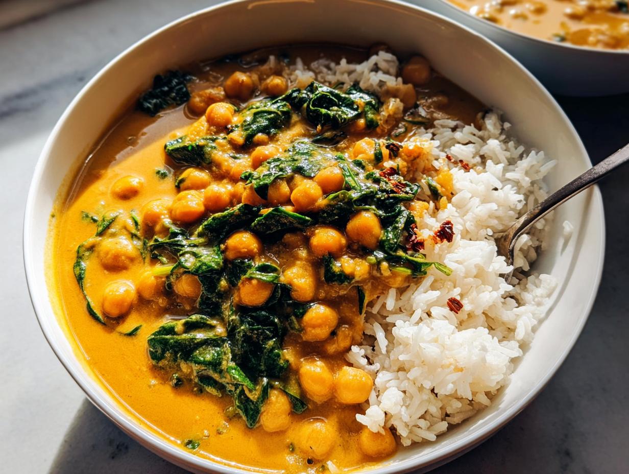 A close-up of a bowl of creamy Chickpea and Spinach Coconut Curry served over white rice, garnished with chili flakes.