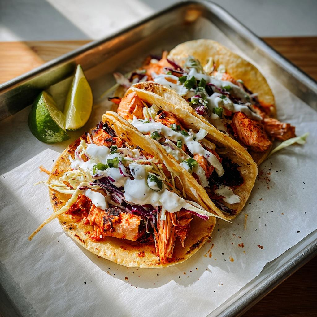 Three delicious Chili Lime Salmon Tacos topped with creamy sauce and slaw, served with lime wedges on a metal tray.