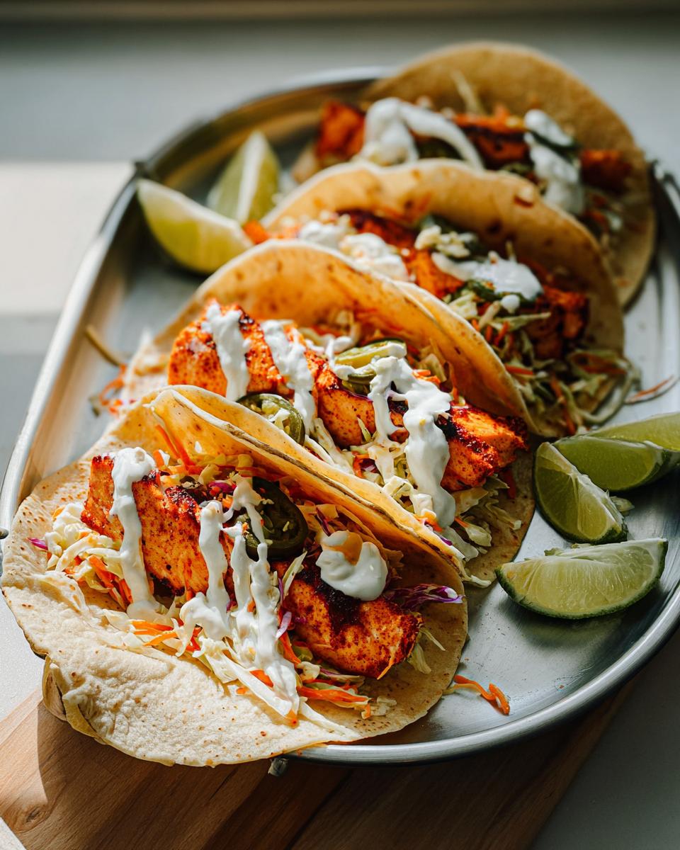 Four prepared Chili Lime Salmon Tacos filled with seasoned salmon, coleslaw, and drizzled with white sauce, served with lime wedges.