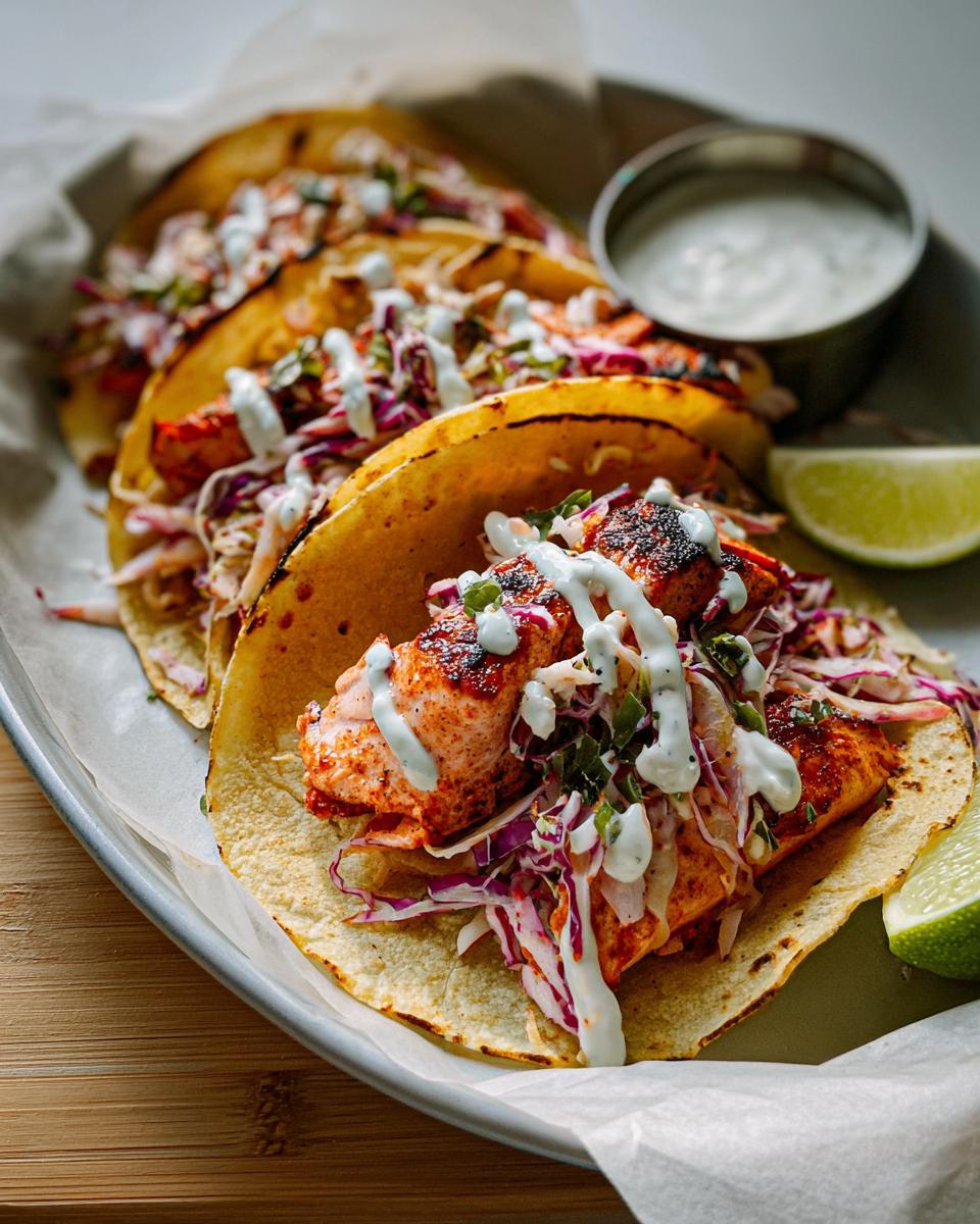 Three delicious Chili Lime Salmon Tacos filled with seasoned salmon, purple cabbage slaw, and drizzled with white sauce.