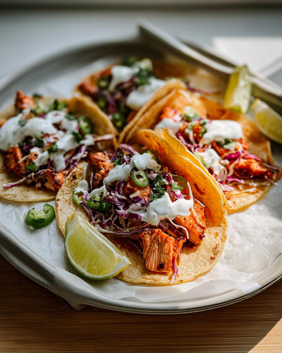 Four delicious Chili Lime Salmon Tacos topped with purple slaw, crema, and cilantro on a platter.