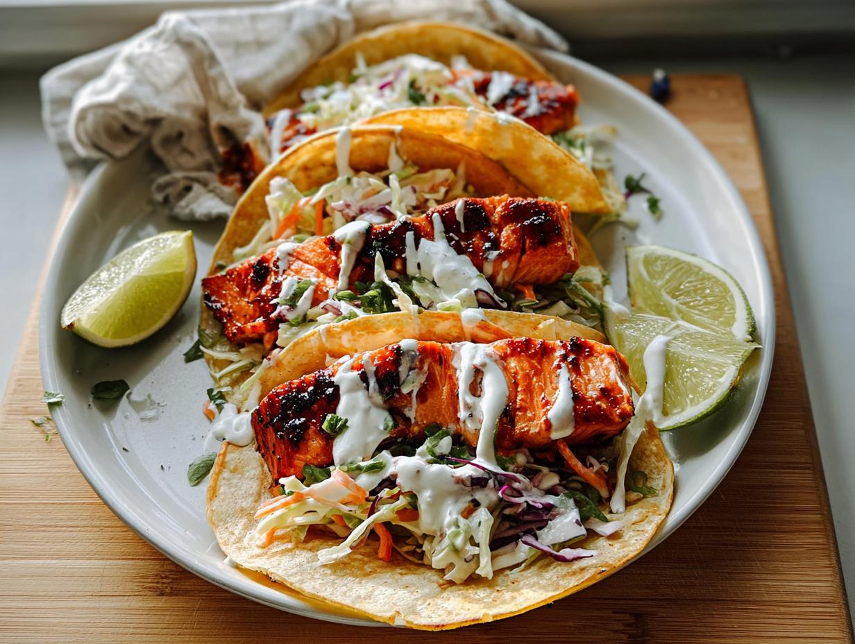 Three Chili Lime Salmon Tacos filled with slaw and drizzled with white sauce, served with lime wedges.