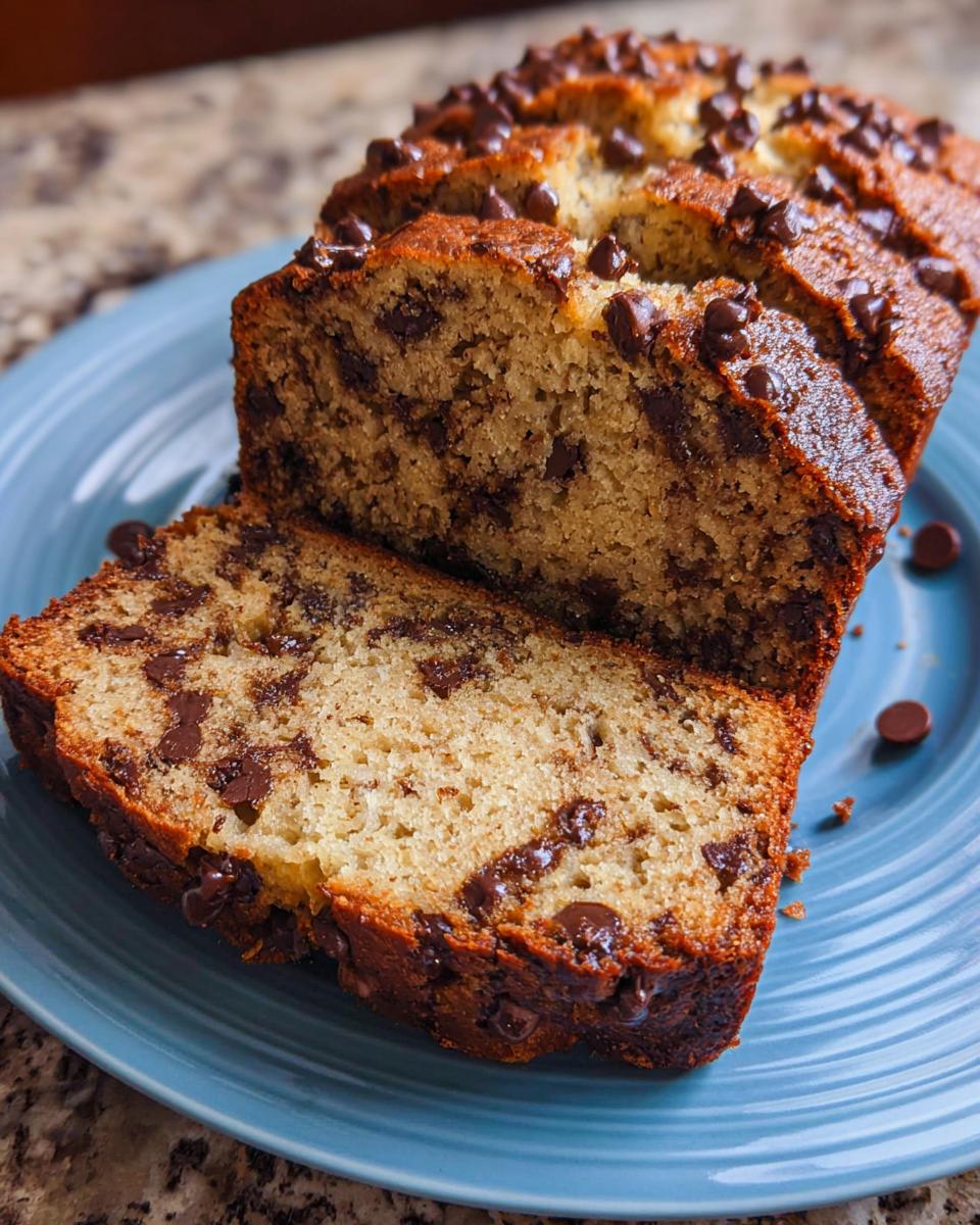 A freshly baked Chocolate Chip Banana Bread Loaf, sliced and displayed on a blue plate, showing moist interior.